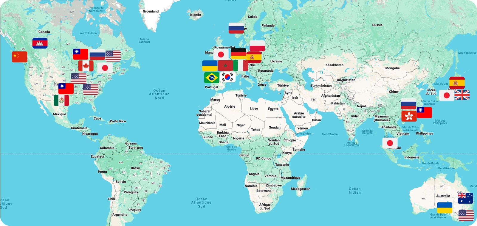 carte du monde avec la liste des drapeaux des pays de mes étudiants là où ils se trouvent dans le monde